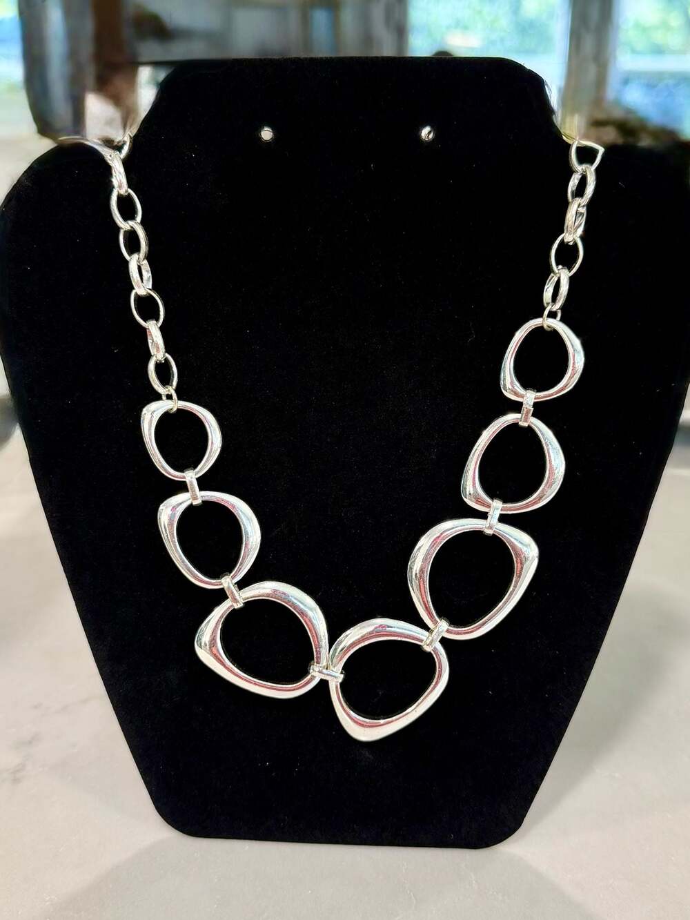 Chunky Silver Tone Statement Necklace with Large Abstract Oval Links
